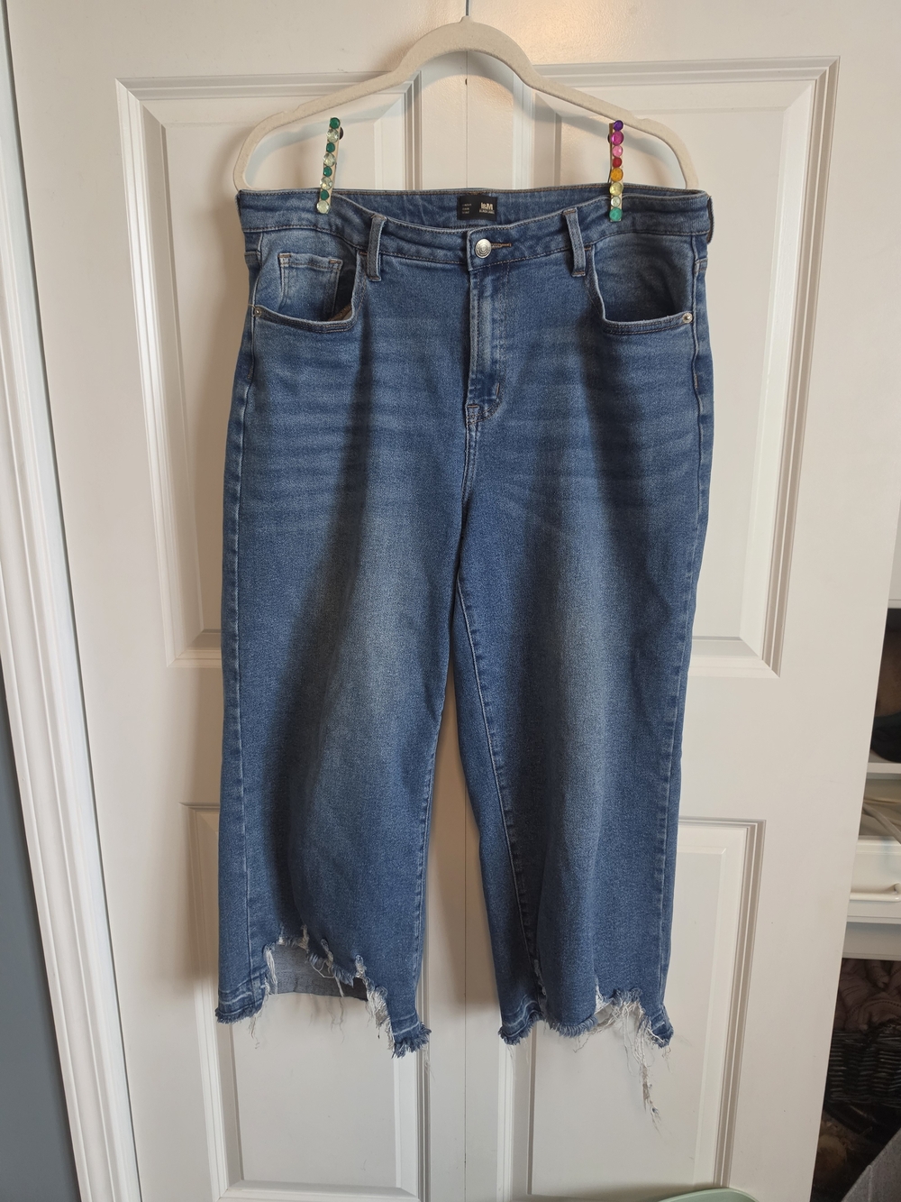 Black Label Blue Distressed Cropped Boyfriend Jeans wide barrel leg high waist